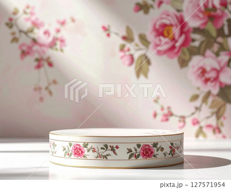 Round White Pedestal with Pink Roses and Gold Accents 127571954
