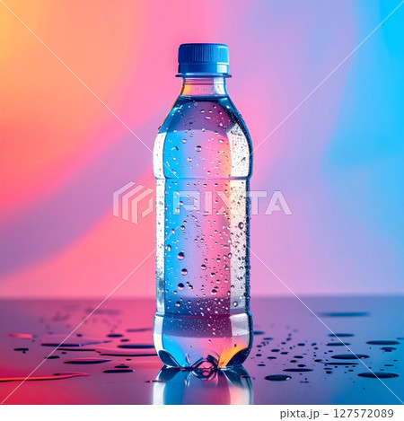 Water Bottle with Condensation on Neon Background 127572089