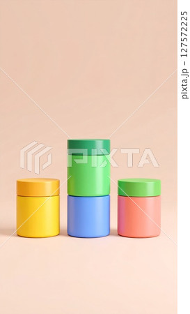 Colorful Cylinders Stacked on Pastel Background 127572225