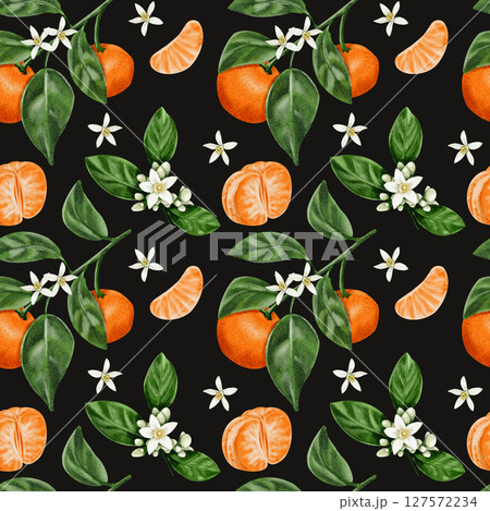 Seamless pattern with tangerines. White citrus flowers. Orange fruits. Branches with leaves and tangerine fruits. Watercolor illustration without background. Hand drawing. High quality illustration Seamless pattern with tangerines. White citrus flowers. Orange fruits. Branches with leaves and tangerine fruits. Watercolor illustration without background. Hand drawing. High quality illustration 127572234