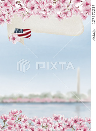 Cherry Blossom Festival in Washington DC. Jefferson Memorial during sakura.Lake with pink trees in the background. Postcard or template background. Watercolor illustration. Hand drawing. High quality Cherry Blossom Festival in Washington DC. Jefferson Memorial during sakura.Lake with pink trees in the background. Postcard or template background. Watercolor illustration. Hand drawing. High quality 127572237