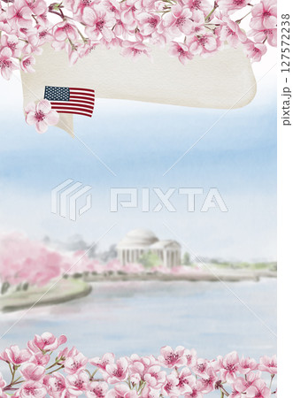 Cherry Blossom Festival in Washington DC. Jefferson Memorial during sakura.Lake with pink trees in the background. Postcard or template background. Watercolor illustration. Hand drawing. High quality 127572238