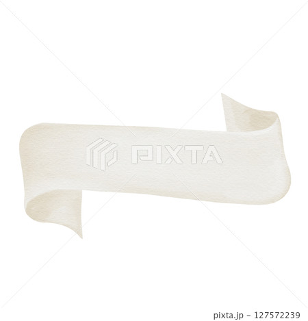 White beige ribbon is curved on both sides. Text decor. Sharp edge. Watercolor illustration isolated from background. Hand drawing. Decor for template, postcard or frame. High quality illustration 127572239