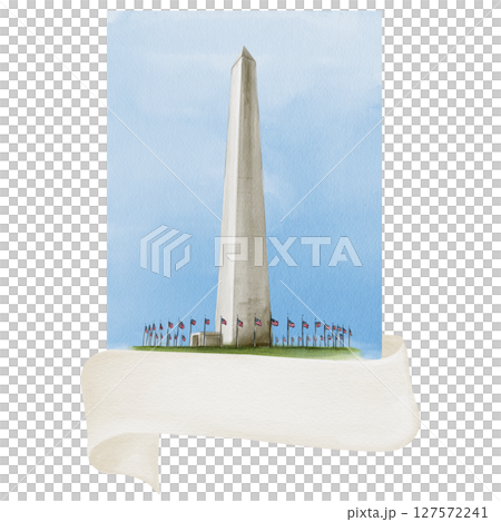Washington Monument. Flag Day. Landmark of the US capital. Watercolor illustration. Hand drawing. Postcard or poster. Souvenir for a tourist. High quality illustration 127572241