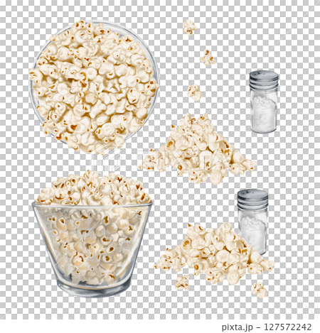 Popcorn in a glass plate. Salt in a glass jar. A pile of spilled popcorn. Set with snack. Watercolor illustration without background. Hand drawing. High quality illustration Popcorn in a glass plate. Salt in a glass jar. A pile of spilled popcorn. Set with snack. Watercolor illustration without background. Hand drawing. High quality illustration 127572242