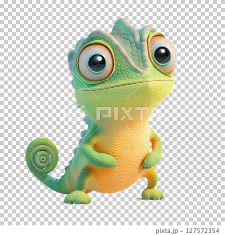 Adorable Cartoon Chameleon with Big Eyes, Green and Yellow, 3D Rendered Illustration 127572354