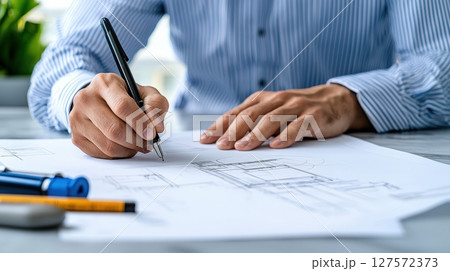 Architect drafting building plans on paper. 127572373