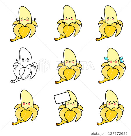 Nine adorable cartoon bananas showcase various emotions, perfect for fun concepts. Nine adorable cartoon bananas showcase various emotions, perfect for fun concepts. 127572623
