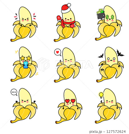 A collection of cute and expressive banana characters with various emotions and accessories. 127572624