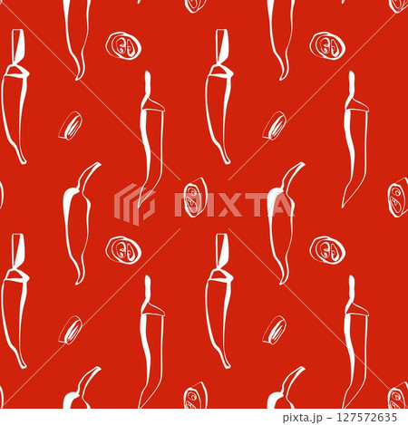 Hand drawn chili peppers and slices seamless pattern with white lines on red background for food packaging and surface design 127572635
