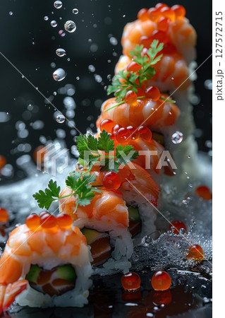 Dynamic shot of gourmet shrimp sushi with vibrant roe and fresh herbs splashing in water, ideal for high-end Japanese cuisine, restaurant, or food styling 127572715