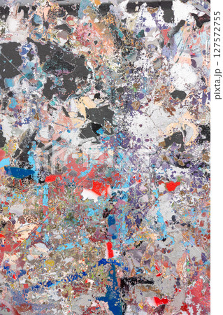 Vibrant abstract textured painting with peeling paint and expressive color splashes. An artistic 127572755