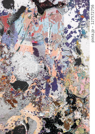 Abstract textured painting with layers of peeling paint in soft pastel and bold earthy tones. A Abstract textured painting with layers of peeling paint in soft pastel and bold earthy tones. A 127572756