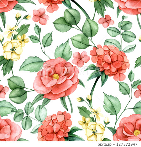 seamless pattern of pink hydrangea flowers, peony and eucalyptus leaves. watercolor print delicate illustration 127572947