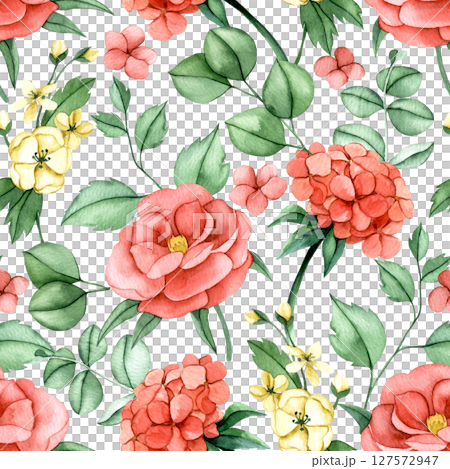 seamless pattern of pink hydrangea flowers, peony and eucalyptus leaves. watercolor print delicate illustration 127572947