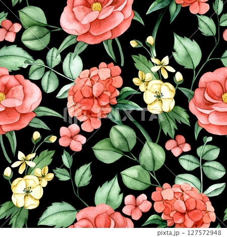 seamless pattern of pink hydrangea flowers, peony and eucalyptus leaves. watercolor print delicate illustration on dark background 127572948