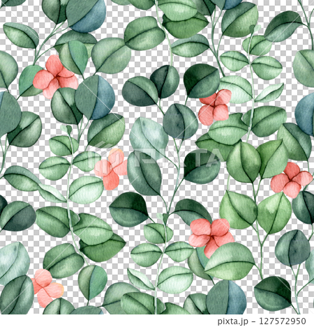 seamless pattern of pink hydrangea flowers and eucalyptus leaves. watercolor print delicate illustration 127572950