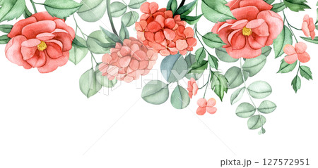 seamless border with pink hydrangea and peony flowers and eucalyptus leaves. elegant watercolor composition seamless border with pink hydrangea and peony flowers and eucalyptus leaves. elegant watercolor composition 127572951