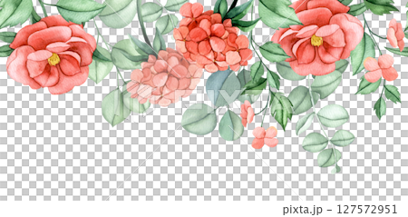 seamless border with pink hydrangea and peony flowers and eucalyptus leaves. elegant watercolor composition seamless border with pink hydrangea and peony flowers and eucalyptus leaves. elegant watercolor composition 127572951