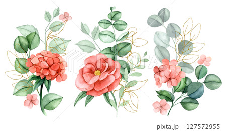 set of bouquets of pink flowers and eucalyptus leaves with golden elements. watercolor compositions 127572955