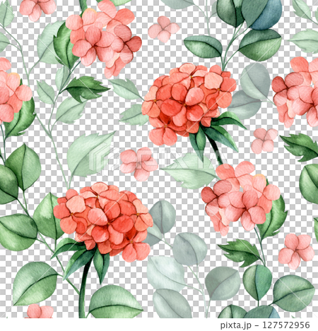 seamless pattern of pink hydrangea flowers and eucalyptus leaves. watercolor print delicate illustration 127572956