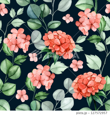 seamless pattern of pink hydrangea flowers and eucalyptus leaves. watercolor print delicate illustration on dark background seamless pattern of pink hydrangea flowers and eucalyptus leaves. watercolor print delicate illustration on dark background 127572957