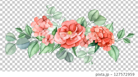 horizontal composition of pink flowers and eucalyptus leaves. watercolor illustration bouquet flowers peony, hydrangea 127572959