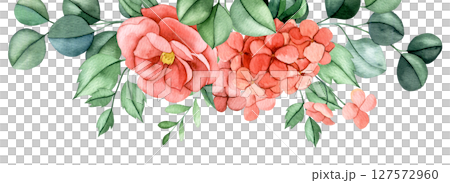 horizontal frame of pink flowers and eucalyptus leaves. watercolor illustration border flowers peony, hydrangea 127572960