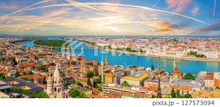 Panoramic aerial view of Budapest with Fisherman's Bastion, Danube River, Margaret Island and Hungarian parliament 127573094