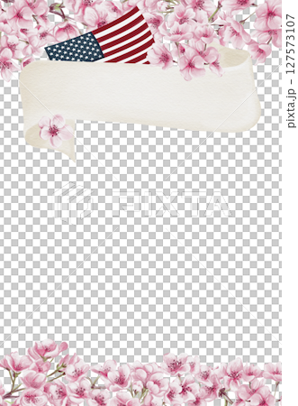 Template with pink sakura flowers. White ribbon for text. Branches with cherry blossoms. Spring festival. Watercolor illustration without background. Border frame. Hand drawing. Template with pink sakura flowers. White ribbon for text. Branches with cherry blossoms. Spring festival. Watercolor illustration without background. Border frame. Hand drawing. 127573107