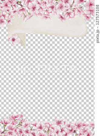 Template with pink sakura flowers. White ribbon for text. Branches with cherry blossoms. Spring festival. Watercolor illustration without background. Border frame. Hand drawing. Template with pink sakura flowers. White ribbon for text. Branches with cherry blossoms. Spring festival. Watercolor illustration without background. Border frame. Hand drawing. 127573108