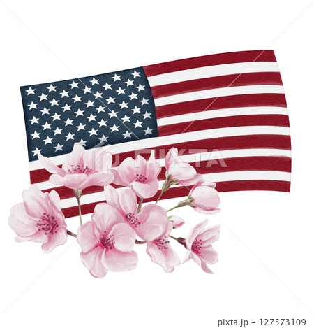 Flag of the United States of America in blooming pink flowers. Cherry blossom festival in Washington D.C. Spring festival. Watercolor illustration without background. Hand drawn. High quality 127573109