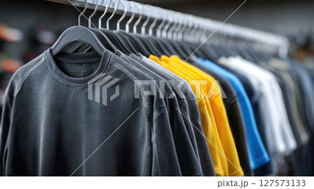 Closeup of T-shirts hanging on hangers in a store 127573133