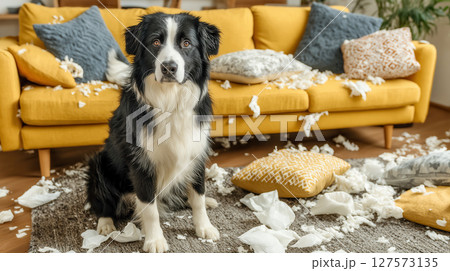 Guilty dog sitting on messy room after destroying pillow 127573135