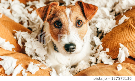 Guilty dog sitting on messy bed after destroying pillow 127573136
