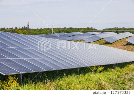 Solar Panel Array on Green Field Generating Renewable Energy from Sunlight Solar Panel Array on Green Field Generating Renewable Energy from Sunlight 127573325