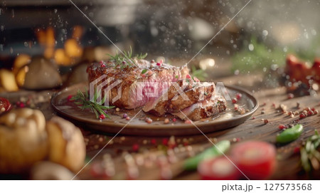 Expertly cooked, juicy steak, garnished with fresh rosemary and vibrant peppercorns on a rustic plate amidst a sprinkle of spices. Ideal for food enthusiasts and gourmets alike. Expertly cooked, juicy steak, garnished with fresh rosemary and vibrant peppercorns on a rustic plate amidst a sprinkle of spices. Ideal for food enthusiasts and gourmets alike. 127573568