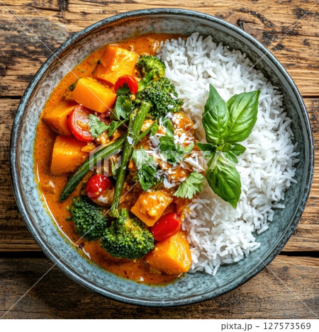 Colorful vegan Thai red curry, vegetables like butternut squash, broccoli, green beans, and cherry tomatoes, white basmati rice. Garnished with fresh basil, cilantro, this healthy and flavorful meal. 127573569