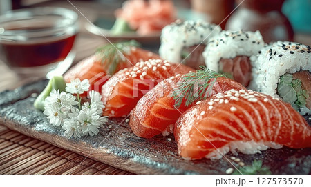 Captivating Sushi Platter, Fresh Salmon Nigiri and Maki Rolls, Elegantly Presented with Wasabi, Ginger, and Soy Sauce topped with sesame seeds and fresh dill. Authentic Culinary Experience 127573570