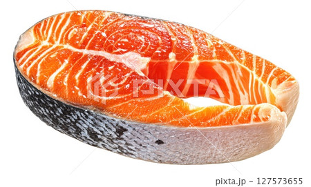 Sumptuous Fresh Salmon Steak A Vibrant Orange Fillet with Distinct Marbling and Skin, Ready for Grilling or Pan Searing Healthy Culinary Delight 127573655