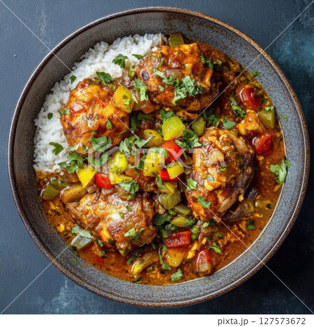 Belizean Stew Chicken. Hearty Chicken and Vegetable Stew Savory Braised Chicken Thighs with Colorful Peppers and Onions, Served with Fluffy White Rice A Wholesome Comfort Meal 127573672