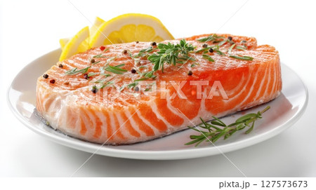 Premium Atlantic Salmon Fillet Fresh, Vibrant, and Rich in Omega 3, Expertly Seasoned with Herbs and Peppercorns for a Healthy Gourmet Meal 127573673