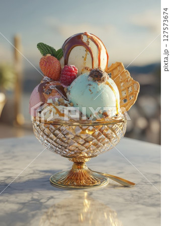 Regal Ice Cream Masterpiece Gourmet Scoops with Fresh Berries, Cherries, Chocolate Drizzle, and a Golden Waffle Cone on an Elegant Pedestal 127573674
