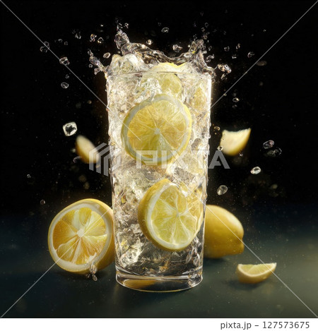 Dynamic Zesty Lemonade Splash Refreshing Chilled Citrus Drink with Floating Slices and Bursting Ice Cubes, Isolated on a Striking Dark Background 127573675