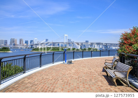 東京都、お台場海浜公園展望デッキから眺めるレインボーブリッジと東京のビル群 東京都、お台場海浜公園展望デッキから眺めるレインボーブリッジと東京のビル群 127573955