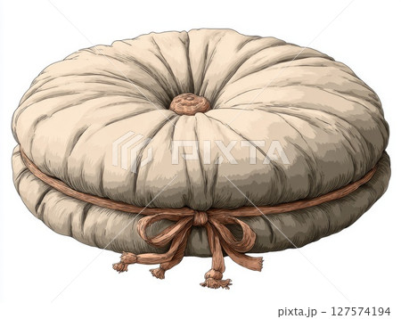 Round Beige Fabric Cushion with Tied Knot 127574194