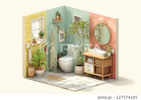 Modern Minimalist Bathroom Interior Design with Pastel Colors and Lush Greenery Modern Minimalist Bathroom Interior Design with Pastel Colors and Lush Greenery 127574205