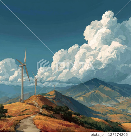 Wind Turbines on a Mountain Path under a Sunny Sky 127574206