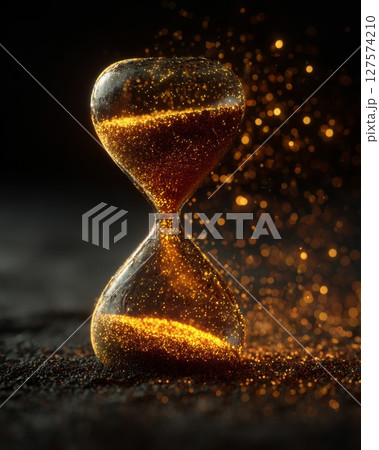 Golden Hourglass with Glittering Sand on Dark Background 127574210