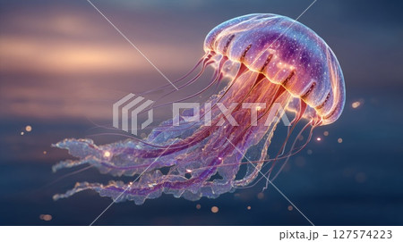 Glowing Purple Pink Jellyfish Underwater Digital Art 127574223